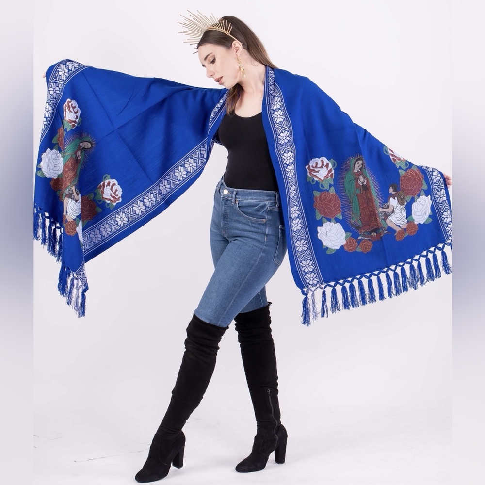 Mexican Our Lady of Guadalupe Shawl Royal Blue